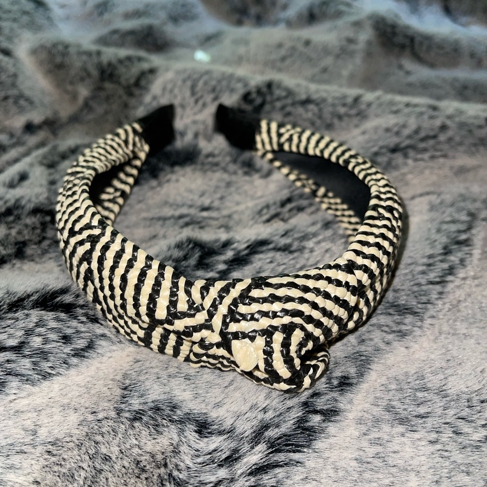 Retro Knotted Black & White Headband  Lacquered Wicker Style Top Knot
